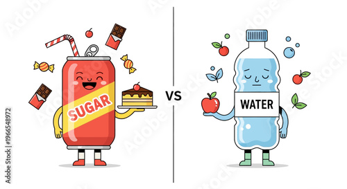 Healthy lifestyle choice between sugary drinks and refreshing water for a balanced diet