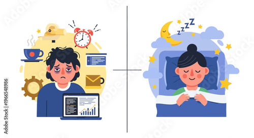 The stark contrast between chronic overwork leading to exhaustion and the serene benefits of achieving restorative sleep