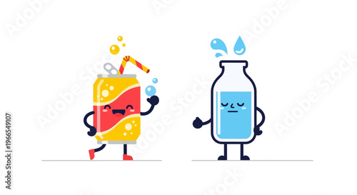Cartoon soda can and water bottle characters with happy and sad expressions