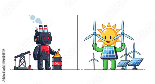 Clean Energy Versus Fossil Fuels Cartoon Illustration of Sustainable Power, Wind, Solar Against Oil Production and Environmental Impact