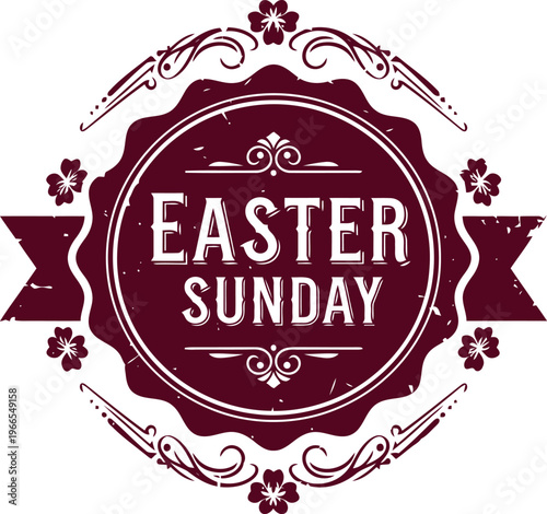 Beautiful vintage easter sunday label with decorative flowers and banners design