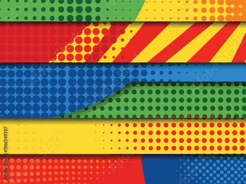 Layered overlapping horizontal bands with pop art halftone and stripe patterns