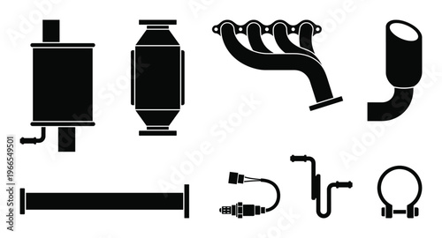 Car exhaust system black silhouette icons including muffler catalytic converter and manifold header