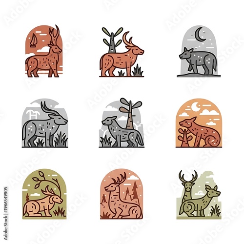 Colorful Vector Deer Antelope Wolf Icons Collection