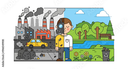Environmental Contrast Illustration Depicting Polluted City Industry Versus Pristine Green Nature, Reflecting Human Impact and Choices