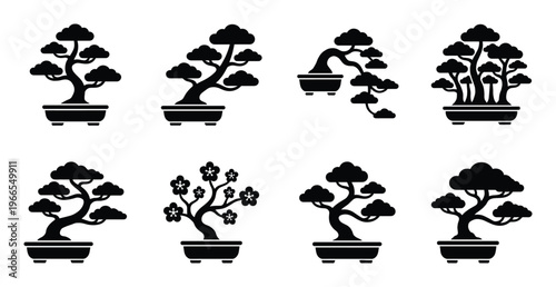 Collection of eight black silhouette bonsai tree illustrations in pots, different styles