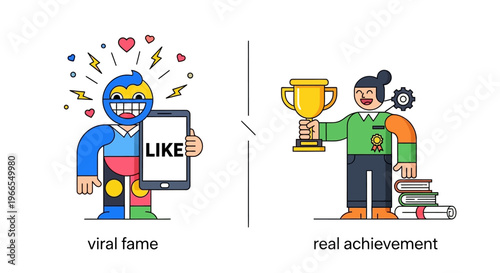 Illustrating the contrast between fleeting digital popularity from social media likes and the enduring value of tangible, real-world accomplishments