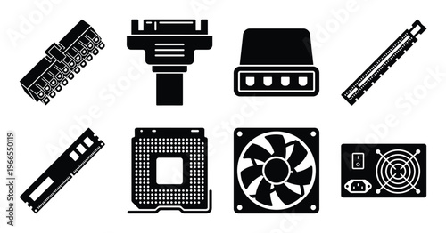 Computer hardware components set electronic parts technology device symbols isolated graphic elements