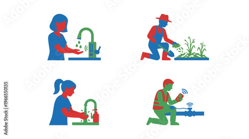 Icons depicting water conservation methods in agriculture