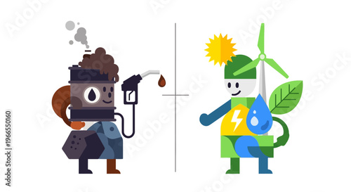 The future of power A vibrant illustration contrasting polluting fossil fuels with clean, sustainable renewable energy sources for a greener world