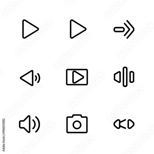 A collection of nine minimalist line icons representing various media playback and audio controls, including play, fast forward, rewind, pause, volume up, volume down, and a camera.
