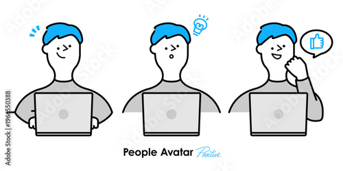 ノートPCで作業する人物のポジティブリアクションセット（ひらめき・いいね・笑顔・水色ヘア・線画）