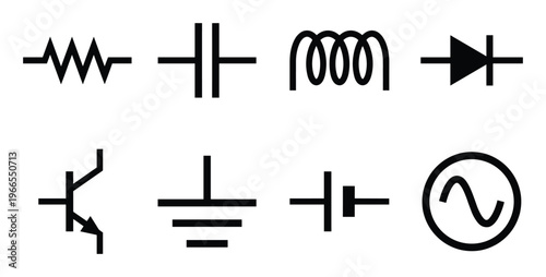 Electrical circuit schematic symbols featuring resistor capacitor inductor diode and transistor set