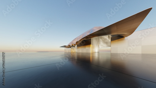 Modern building facade wavy metal canopy, reflective floor blue sky, abstract architecture with minimal structure clean metallic wall, 3d rendering