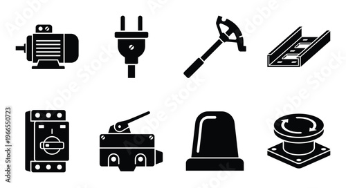 Electrical engineering icons including electric motor power plug circuit breaker and emergency button