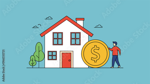 Man rolling a large dollar coin next to a suburban house to symbolize real estate investment, home valuation, and property financing.