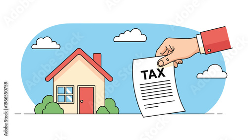 Hand holding a tax document next to a house under a cloudy sky to represent property tax assessments and financial obligations.