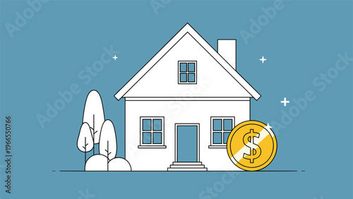 Suburban house icon with a large gold dollar coin to represent real estate value, property investment, and mortgage financing themes.