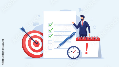 Professional businessman presenting a strategic plan with a checklist, target goal, calendar, and clock for time management.