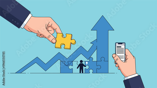 Hands completing a bar chart with a golden puzzle piece while another person views data on a mobile smartphone device.
