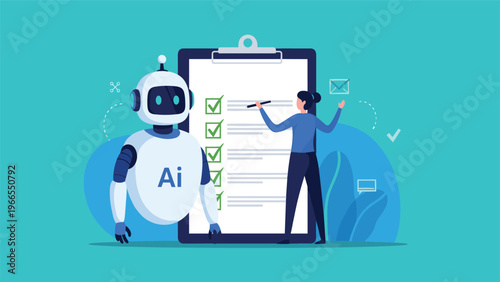 Artificial intelligence robot assisting a business woman in completing a checklist on a large clipboard for efficient workflow.
