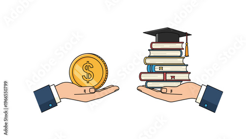 Concept of educational investment showing one hand holding a gold coin and another holding a stack of books with a mortarboard.