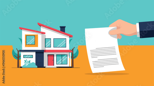 Real estate transaction concept showing a hand holding a contract document next to a modern colorful residential house.