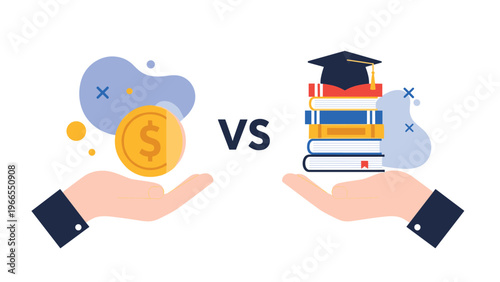 Comparison between financial wealth and higher education knowledge showing hands holding a gold coin and a stack of books.