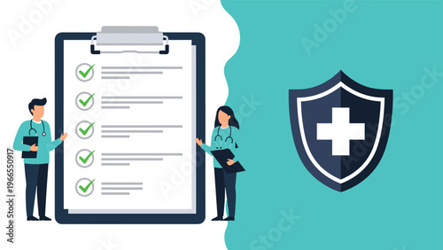 Healthcare professionals standing next to a large medical checklist clipboard with a protective cross shield for safety.