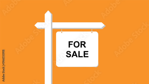Minimalist real estate for sale yard sign isolated on a solid orange background for property listing advertisement.