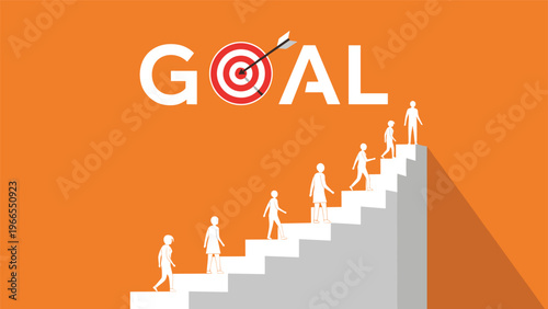 Team of people walking up a staircase towards a large goal text with a red bullseye target for career success.
