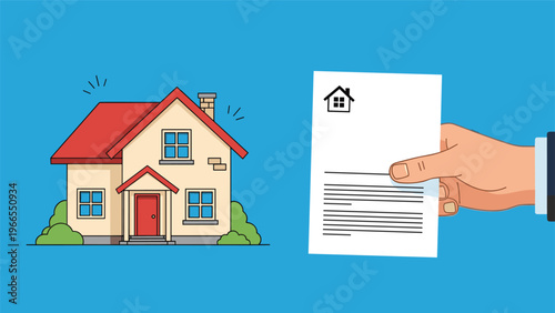 Real estate document and property ownership concept featuring a hand holding a paper with a house symbol for contract.