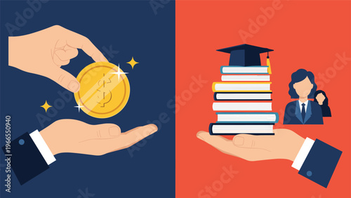 Financial education and career choice concept showing hands holding a gold coin and a stack of books with graduates.