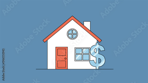 Real estate value and property finance concept featuring a simple house illustration with a blue dollar sign for budget.
