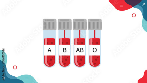 Set of medical test tubes labeled for blood types A, B, AB, and O against a decorative background for clinical analysis.