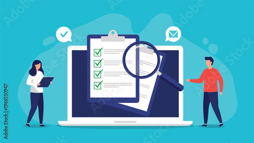 Team of professionals collaborating on digital checklists and data analysis through a large laptop interface for business.