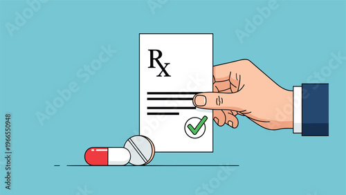 Hand holding a medical prescription document next to a red capsule and a white tablet for pharmacy health services.