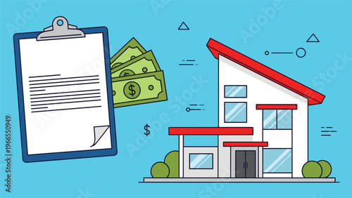 Real estate investment and property contract concept showing a house next to cash and a clipboard document for purchase.
