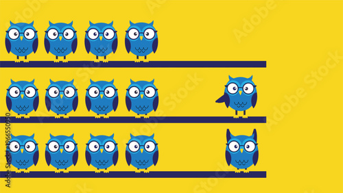 Concept of being different and unique showing rows of blue owls on wires with one standout owl having taller pointed ears.