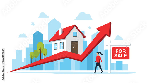 Residential house on top of a rising red arrow graph showing the increase in property values and real estate market growth.