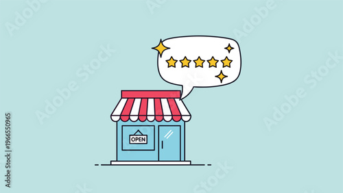 Small business storefront with five gold stars in a speech bubble representing positive customer reviews and online reputation.