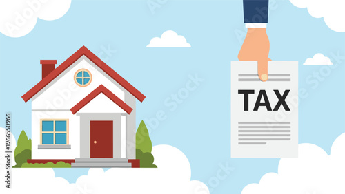 Person holding a tax document next to a residential house building illustrating property taxes and real estate assessment.
