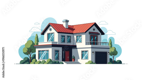 Modern two-story residential house with a red roof and garage surrounded by green trees on a white background with clouds.