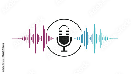 Professional microphone icon with colorful audio wave frequencies representing podcasting, recording, and digital voice broadcast.