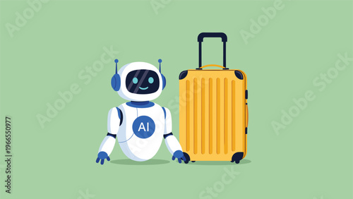 Smart travel technology concept featuring a friendly AI robot standing next to a large yellow rolling suitcase.