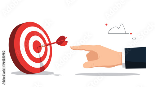 Businessman hand pointing at a red dart hit in the center of a bulls eye target symbolizing achievement and business success.