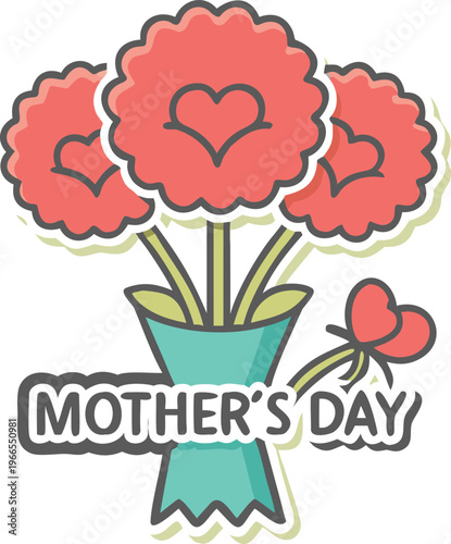 Bouquet of Pink and Red Carnation Flowers with Hearts for Mother's Day.