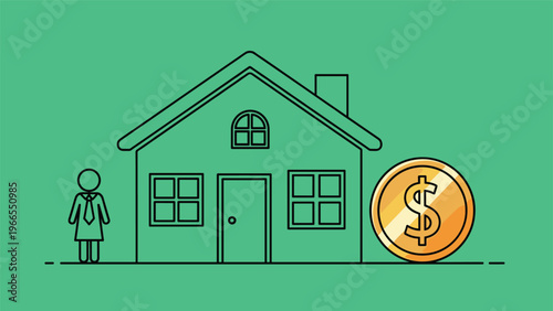 Simple line illustration of a house with a professional woman icon and a large gold dollar coin on a green background.