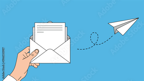Hand holding an envelope with document inside while a paper plane flies toward the sky representing digital communication.