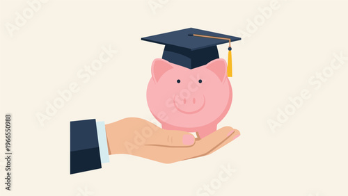 Student savings and educational funding concept showing a hand holding a pink piggy bank wearing a black mortarboard.